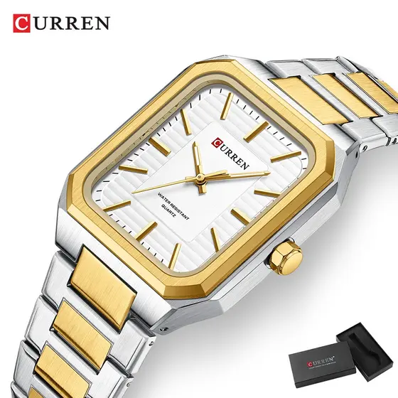 Relógio CURREN Top Brand Masculino Original Genuíno Novo Luminoso Quadrado Simples De Aço Inoxidável Quartzo À Prova D'água 8457