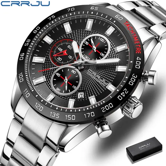 CRRJU Relógio Masculino Novo Cronógrafo Multifuncional Desenho Luminoso De Mão De Aço Inoxidável Casual Quartzo À Prova D'água 2306 S