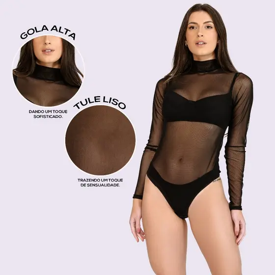 Body de Tule Gola Alta Moda Feminina Manga Longa Transparente Dyeu Modas
