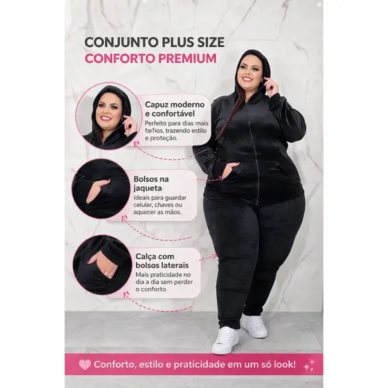 Conjunto Feminino Plus Size G2 e G3 Moletom com Capuz Super Confortável Inverno Oferta
