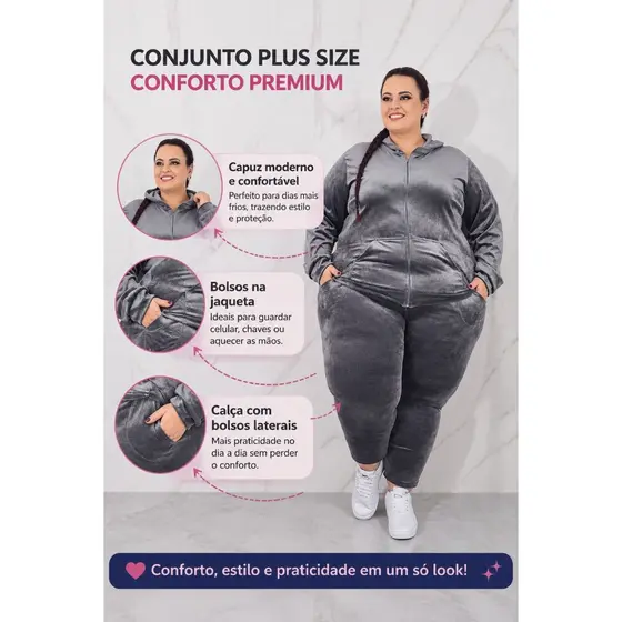 Conjunto Plus Size Feminino Inverno G2 e G3 Moletom com Capuz Conforto Premium Promoção