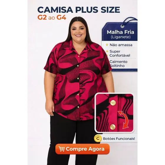 Camisa Plus Size Feminina G2 ao G4 Não Amassa Caimento Perfeito Botões Estampa Aleatória
