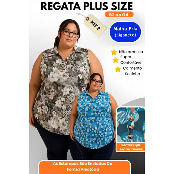 Kit 2 Regata Plus Size Feminina G2 ao G4 Malha Fria Não Amassa Ajuste Soltinho Estampa Aleatória