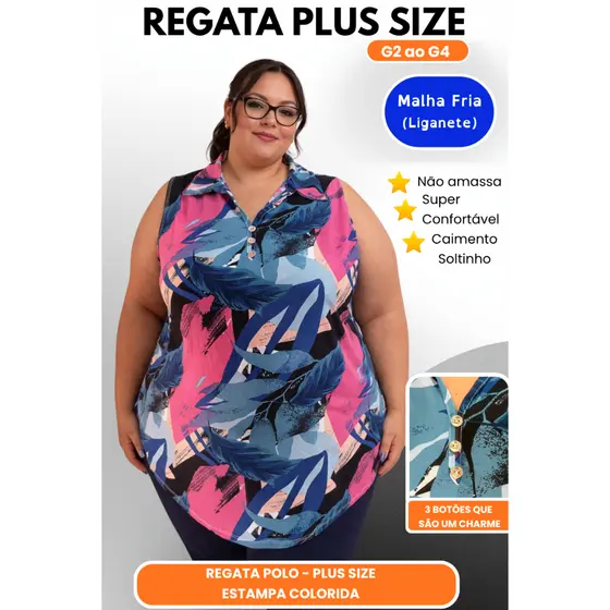Regata Plus Size Feminina G2 ao G4 Não Amassa Caimento Perfeito Botões Curve Moda Fashion Top