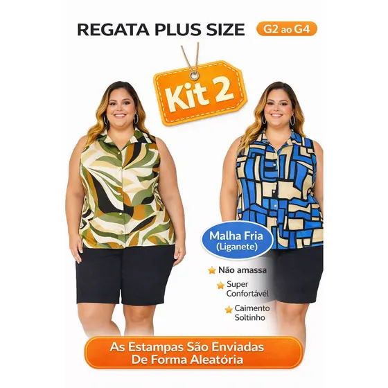 Kit 2 Regatas Feminina Plus Size G2 ao G4 Malha Fria Não Amassa Confortável Estampa Enviada Sortida