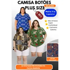 Kit 3 Camisas Feminina Plus Size G2 ao G4 Malha Fria Não Amassa Conforto Premium Estampa Sortida
