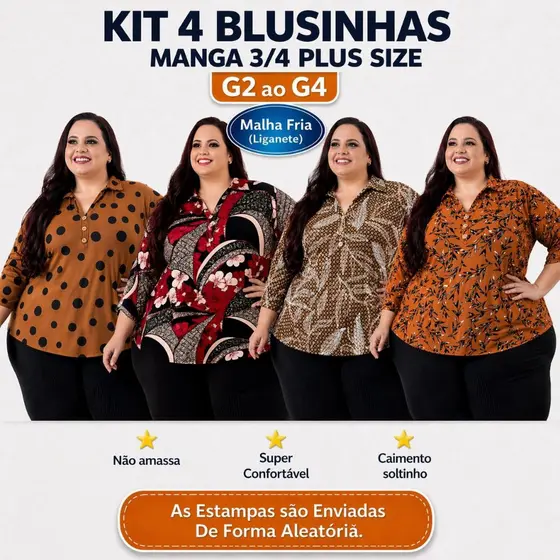 Kit 4 Camisas Manga 3/4 Plus Size Feminina G2 G3 G4 Malha Fria Não Amassa Confortável Envio Rápido