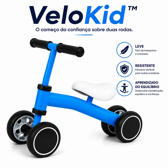 Bicicleta Infantil de Equilíbrio Sem Pedal VeloKid Azul Leve Resistente Desenvolvimento Infantil
