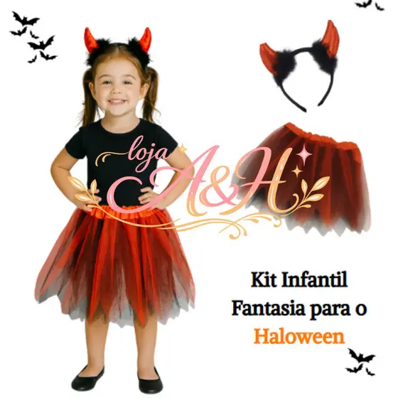 (V)Fantasia Infantil Halloween – Saia de Tule Vermelha & Preta + Tiara de Chifres2AMD