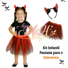 (V)Fantasia Infantil Halloween – Saia de Tule Vermelha & Preta + Tiara de Chifres2AMD