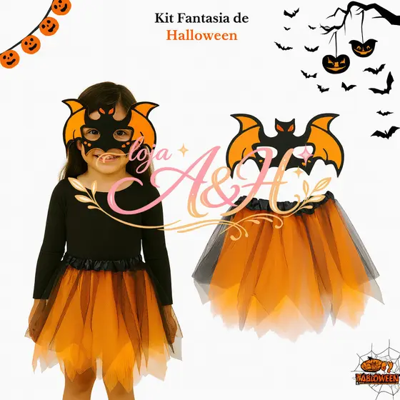 (V)Fantasia Infantil Halloween Saia Laranja com Máscara de Morcego 🦇MIPU
