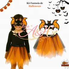 (V)Fantasia Infantil Halloween Saia Laranja com Máscara de Morcego 🦇MIPU