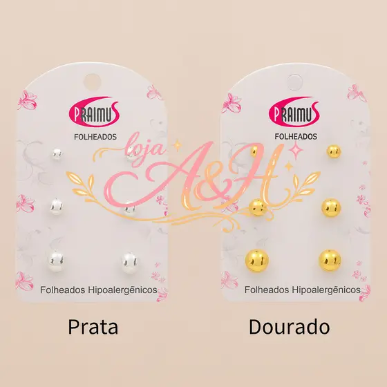 (V)Trio de Brincos Esferas – Folheados Hipoalergênicos (Prata e Dourado)F5AM