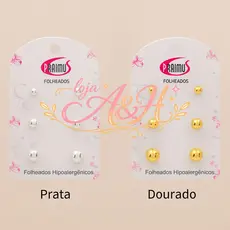(V)Trio de Brincos Esferas – Folheados Hipoalergênicos (Prata e Dourado)F5AM