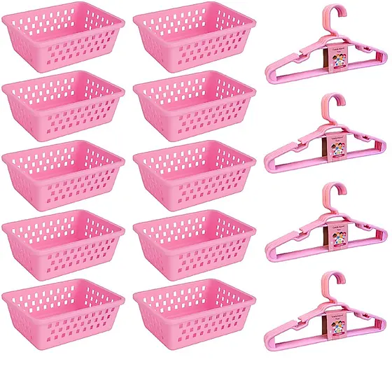 Cesto Organizador e Cabide infantil Kit 10 Cestinhas e 20 Cabides Rosa Para Bebe