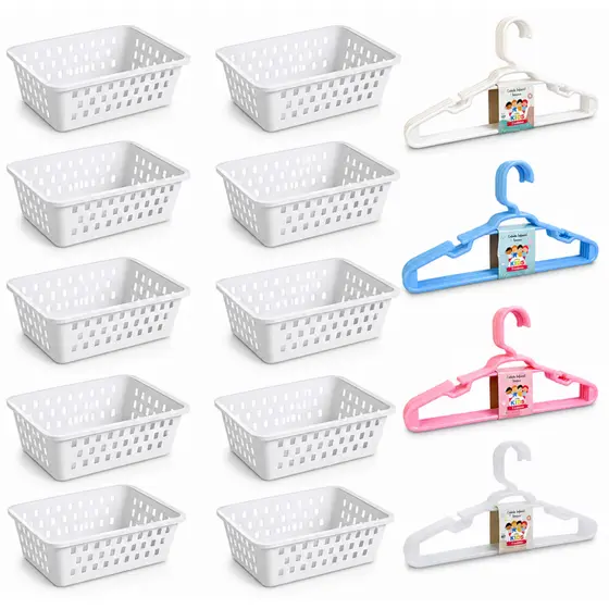 Kit 10 Cesto Organizador e 20 Cabide Infantil Branco Transparente Rosa Azul Preto