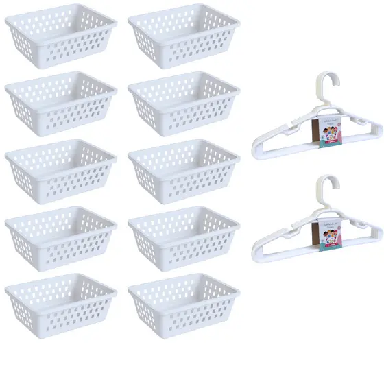Kit 10 Cesto Organizador e 10 Cabide Infantil Branco Transparente Rosa Azul