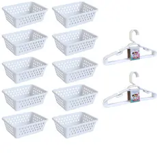 Kit 10 Cesto Organizador e 10 Cabide Infantil Branco Transparente Rosa Azul