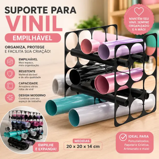 Suporte Organizador para Rolos de Vinil Empilhável 20x20x14cm Porta Vinil Adesivo Papelaria Criativa