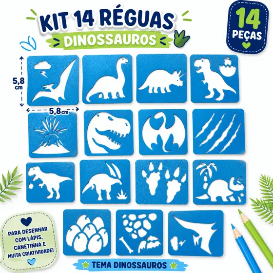Kit 14 Réguas para Desenho Dinossauros Infantil Molde Stencil Educativo Criativo 5,8cm
