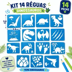Kit 14 Réguas para Desenho Dinossauros Infantil Molde Stencil Educativo Criativo 5,8cm
