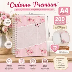 Caderno A5 Vintage Floral 200 Folhas Estampadas Capa Dura Laminada Wire-o Premium Papel 75g