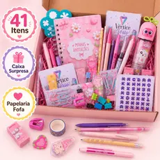 Mega Caixa de Papelaria Fofa 41 Itens Kit Completo Kawaii com Bloco, Canetas, Marca Texto, Washi Tape, Clips e Adesivos