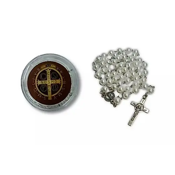 Terço religioso católico São Bento Pérolas Brancas e Detalhes Prateados–Acompanha Caixinha - SKU-108