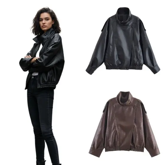 Mulheres Vintage Solto Jaqueta De Couro Falso Outono Inverno Manga Longa Streetwear Casual Casaco Curto Feminino Preto M