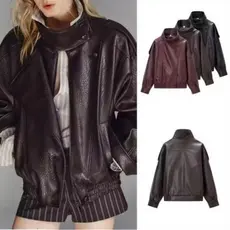 Primavera Outono Feminino Solto Jaqueta De Couro Falso Gola Zíper Imitação Casaco Manga Comprida Do Plutônio