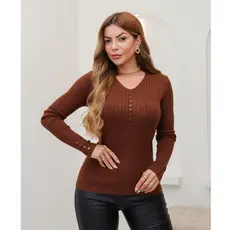 Blusa Feminina de Tricot Canelado Manga Longa com Botões Suéter Inverno 3RD SD2012