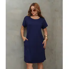 Vestido Curto Feminino Liso Malha Fria Bolso Elegante Casaul Moda Verão 3RD SD1288