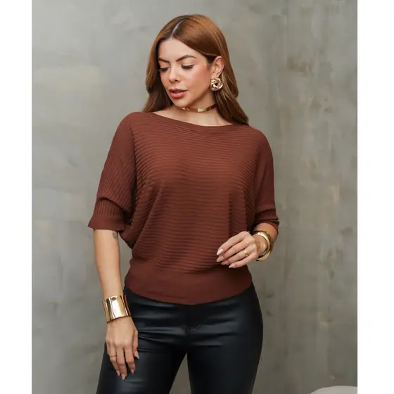 Blusa Feminina Manga Morcego Canelado Modal Fresco Elegante Confortável 3RD SD1583