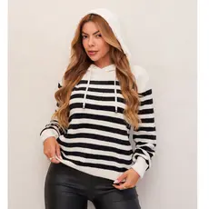 Blusa Feminina Tricot Listrado com Capuz Manga Longa Confortável Moda Inverno 3RD SD3014
