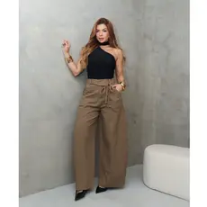 Calça Feminina Pantalona Cintura Alta com Cinto Corda Moda Elegante Casual SD1420