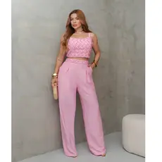 Conjunto Feminino Cropped Alça Trançado Calça Pantalona Cintura Alta Elegante Verão 3RD SD1735
