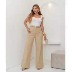 Calça Feminina Cintura Alta Linho Pantalona com Cinto Elegante 3RD SD1185