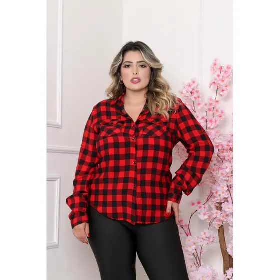Camisa Xadrez Plus Size Feminina Viscose Com Bolsos SD869
