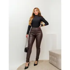 Calça Feminina Resinada Cintura Alta Skinny Modeladora Couro Sintético Casual Inverno 3RD SD1426