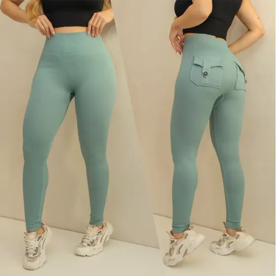 Calça Feminina Bolsa Legging Esportiva Canelada Poliamida Academia Elástica Fitness 3RD SD1689