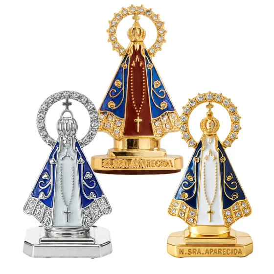 Kit 3 Santinhas Da Nossa Senhora Aparecida Dourada e Prata Decorativo Com Fita Dupla Face