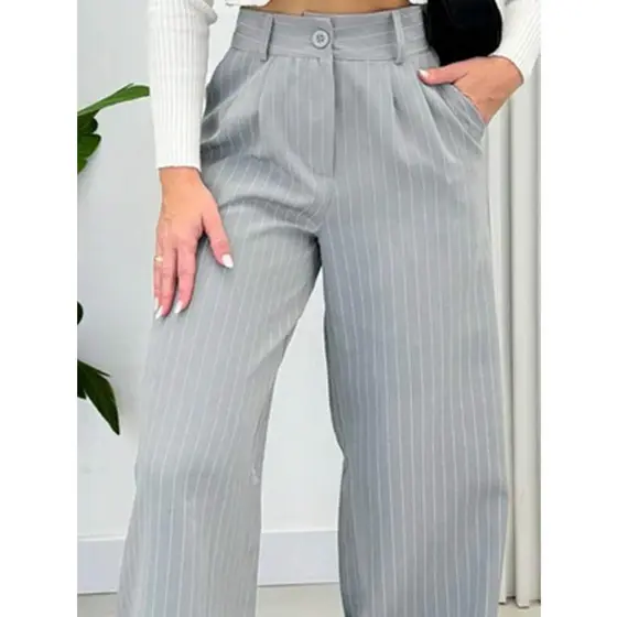 Calça Pantalona Alfaiataria Feminina Cintura Alta com Bolso Giz Wide leg
