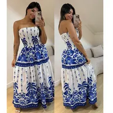 Vestido Longo Feminino Estampado Tomara que Caia Lastex Soltinho Verão Moda Praia