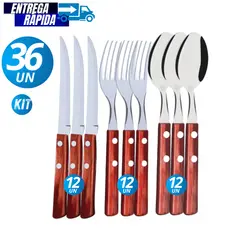 36/18/09 Unidades  de Talher Colher  Garfo Faca de Inox com Cabo de Madeira Faqueiro Conjunto Variáveis Premium