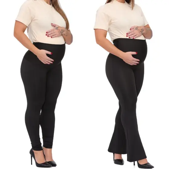 Kit 2 Leggings Gestante Flare + Básica Maternidade Preto Suplex Zero Transparência PP ao Plus Size