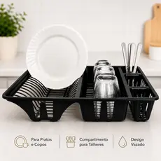 Escorredor de Louças 12 Pratos com Porta Talheres e Copos Plástico Preto Resistente Cozinha