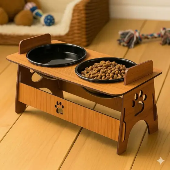 Comedouro Bebedouro em Mdf Elevado Duplo Pet Gato Cachorro Com Tigelas - Pets de Pequeno Porte