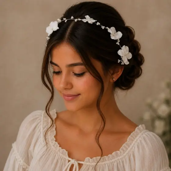 tiara Flores de orquídeas com pérolas para daminha ,noivinha ou ensaio fotográfico