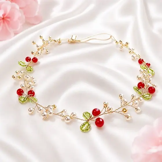Tiara de Flores e Pérolas Dourada com cereja 🍒  – Acessório Elegante para Cabelo de bebê