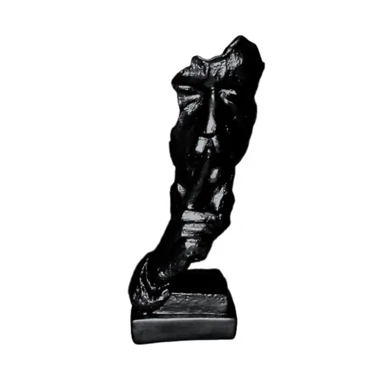 Estatueta pantera negra Pensador Em Sinal De Silêncio 33 cm gesso - Linha luxo ônix negro - escultura Face Abstrata